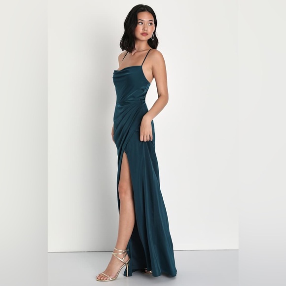 Lulus Moments of Beauty Dark Teal Satin Cowl Neck Tulip Maxi Dress Small - Picture 3 of 11